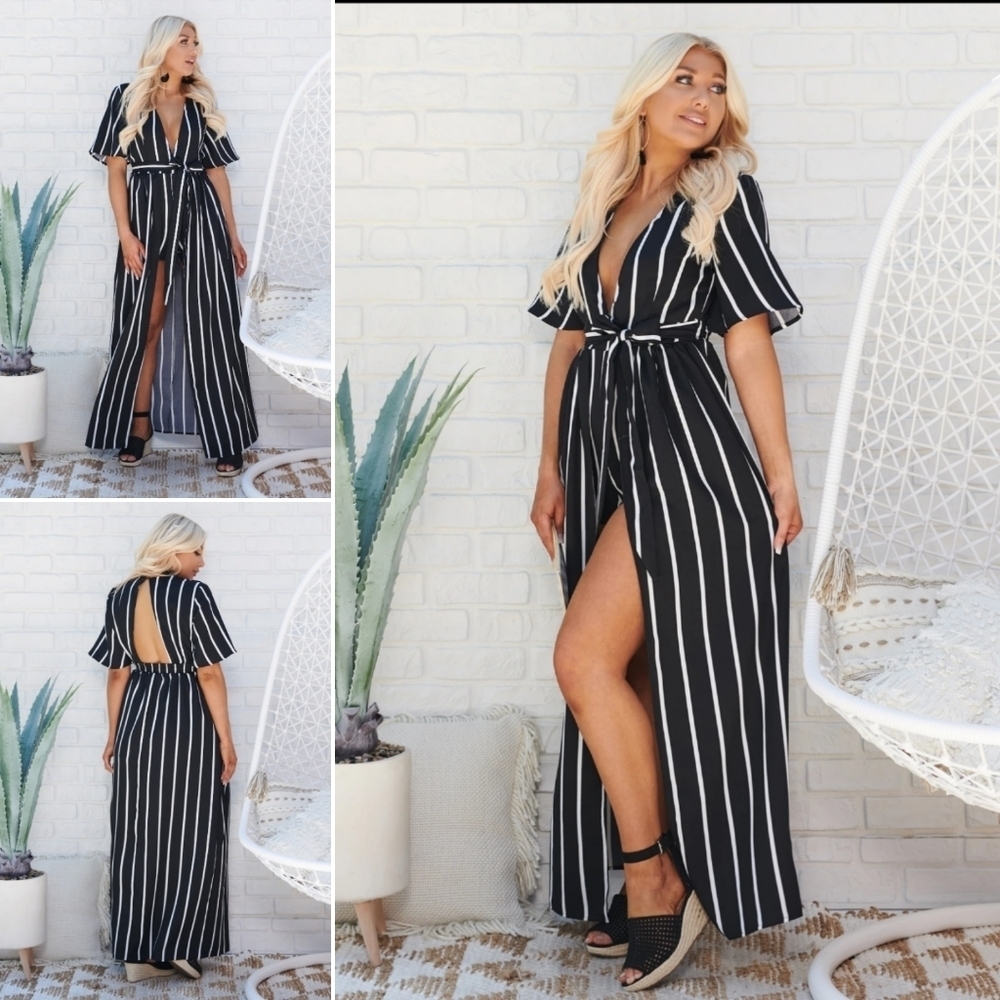 Black White Striped Maxi Dress Romper S Plunge Tie Waist Open Back